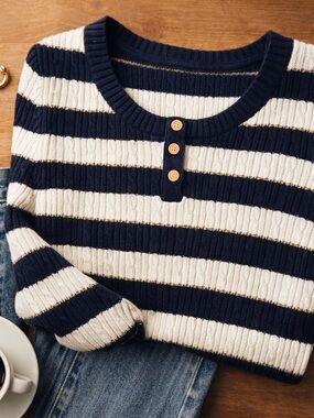 Tommy Hilfiger Breton Stripe Ribbed Henley Sweater Navy white Gold Thread